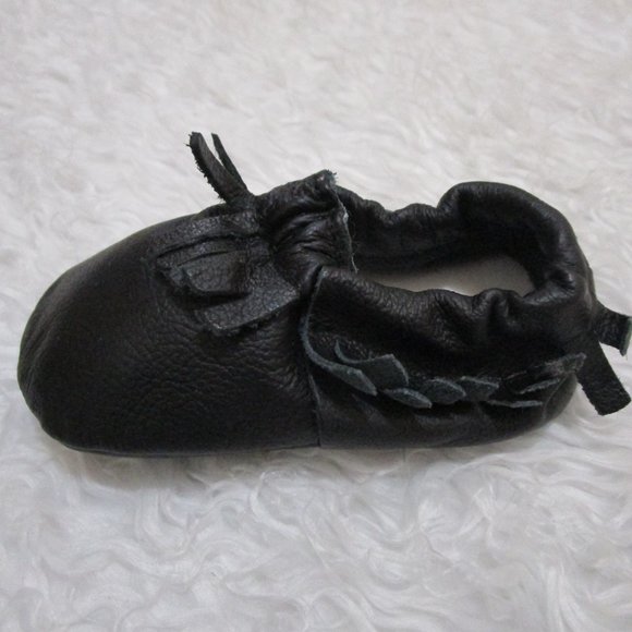 Sz 18-24M Baby Charcoal Black Leather Moccasins Fringe Crib Soft Sole Shoes - Picture 7 of 7